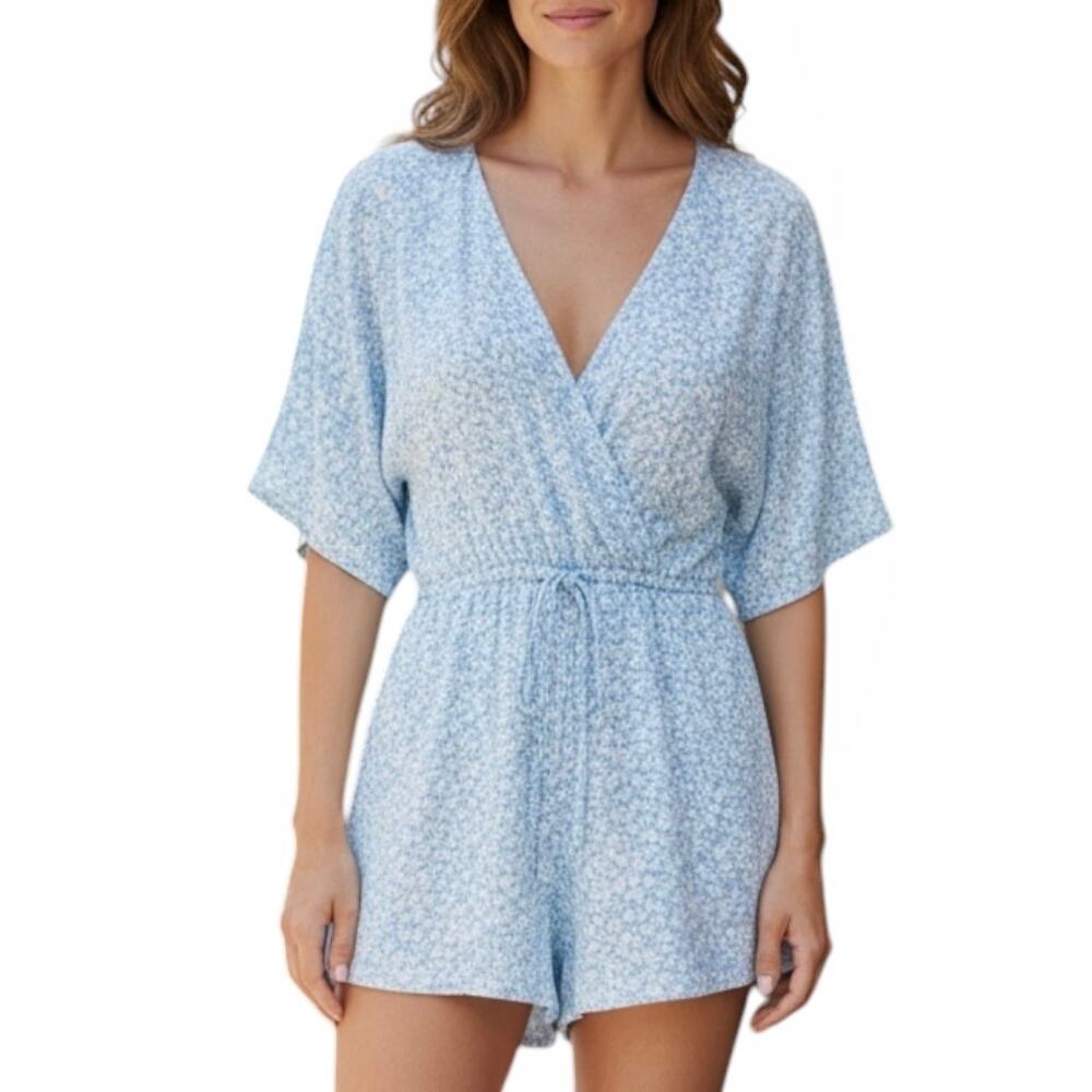 Altar'd State Blue White Floral Wrap Romper Small Boho Cottagecore Summer Dress - Picture 9 of 14